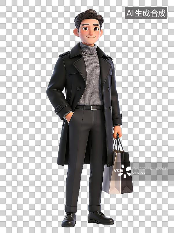 【AI数字艺术】年轻男性，面带微笑，手持购物袋，穿着黑色大衣、灰色毛衣和黑色裤子，为商务人士图片素材