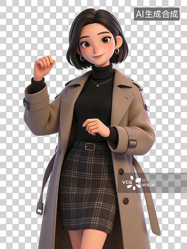 【AI数字艺术】年轻女性，短发微笑，展示手势，黑色高领毛衣、格子裙及卡其色风衣，风格时尚休闲图片素材
