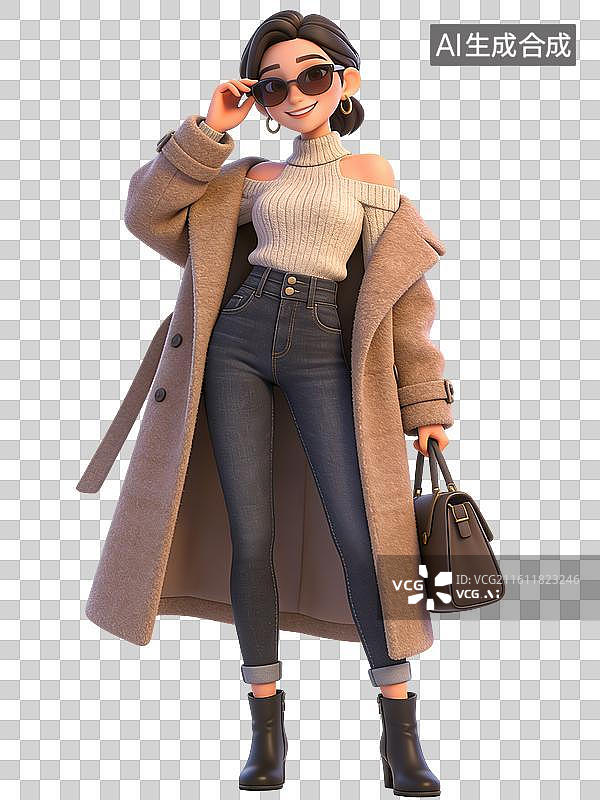 【AI数字艺术】时尚女性，穿着米色毛衣、牛仔裤和长外套，手持手提包，面带微笑，戴着墨镜图片素材