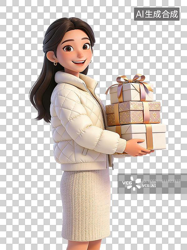 【AI数字艺术】年轻女性，面带微笑，手持礼物盒，穿着白色外套和裙子，处于节日庆祝或送礼场景图片素材