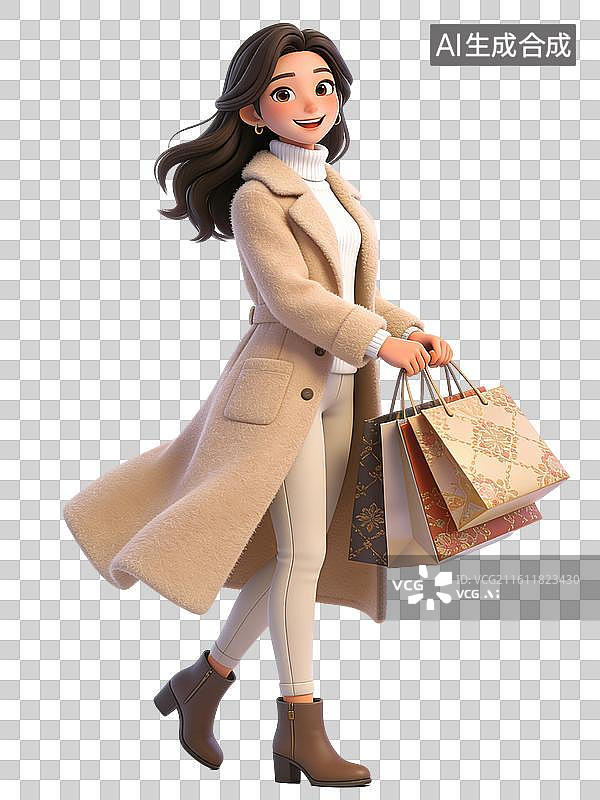 【AI数字艺术】年轻女性，面带微笑，手持购物袋，穿米色大衣和白色高领毛衣，搭配棕色短靴，时尚优雅图片素材