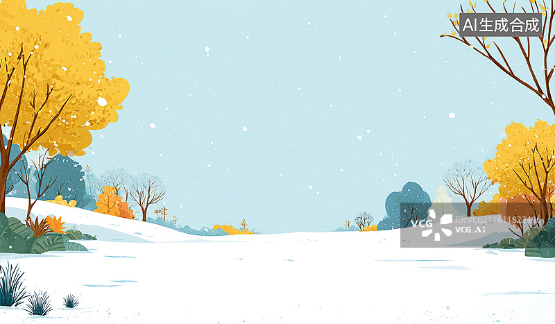 【AI数字艺术】冬日雪景与金黄树木图片素材