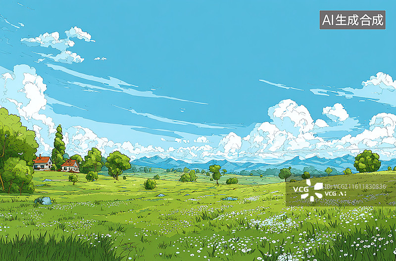 【AI数字艺术】绿野蓝天下的田园风光图片素材