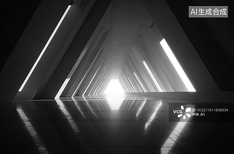 【AI数字艺术】三角形光廊的几何空间图片素材