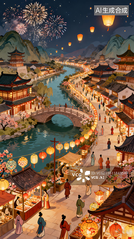 【AI数字艺术】春节氛围古镇集市夜景图片素材