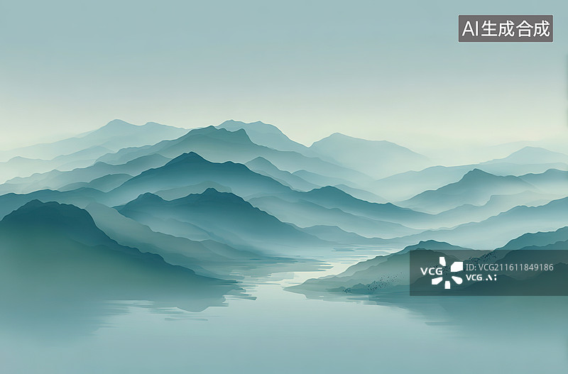 【AI数字艺术】层峦叠嶂雾中湖景图片素材