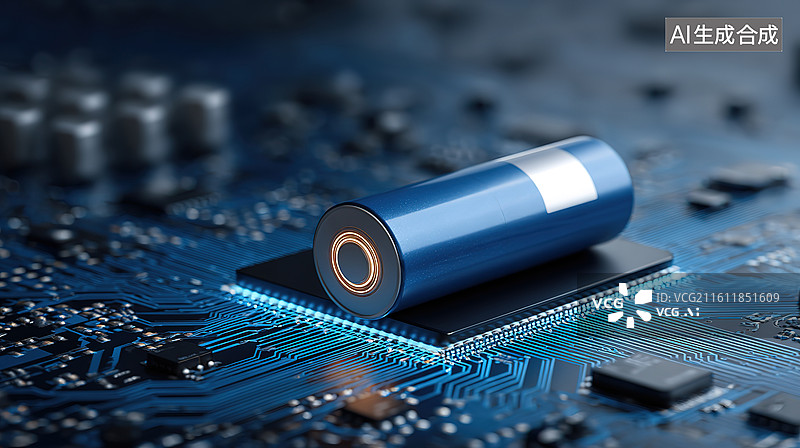 【AI数字艺术】蓝色电池置于电路板上图片素材