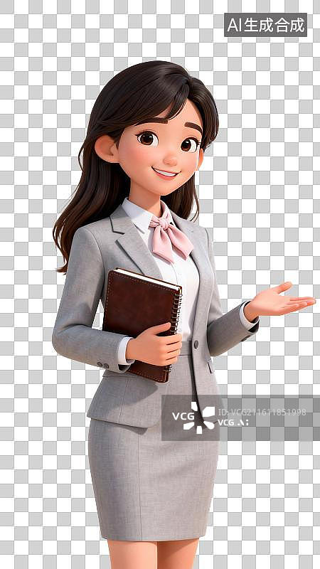 【AI数字艺术】一个职业女性一手拿着笔记本一手作欢迎手势，3D免抠元素图片素材