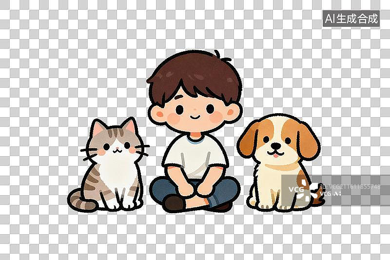 【AI数字艺术】卡通风格，小男孩坐在地上，一左一右坐着两只可爱的小猫与小狗PNG格式的免扣元素图片素材