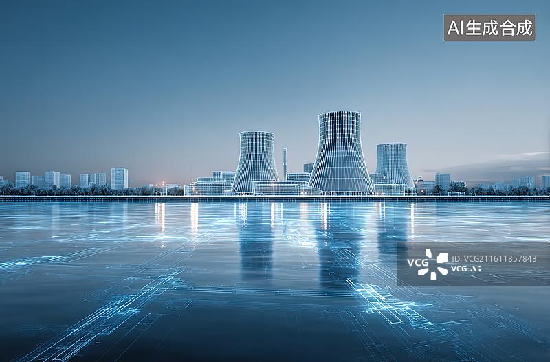【AI数字艺术】核电站冷却塔夜景倒影图片素材