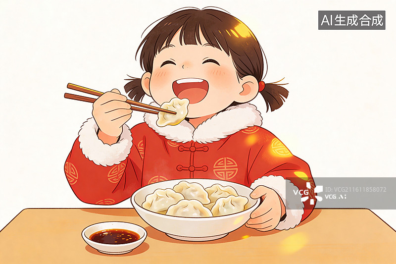 【AI数字艺术】新年春节除夕儿童孩子小孩女孩吃饺子美味幸福年俗插画图片素材