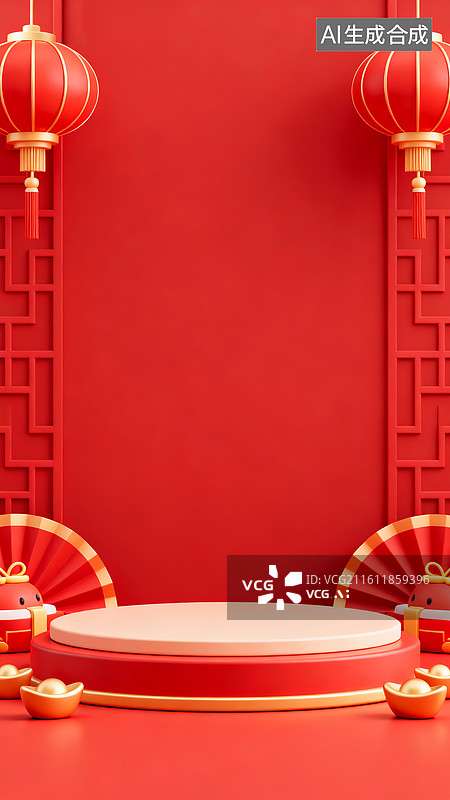 【AI数字艺术】3D红色国潮展台春节装饰场景图片素材