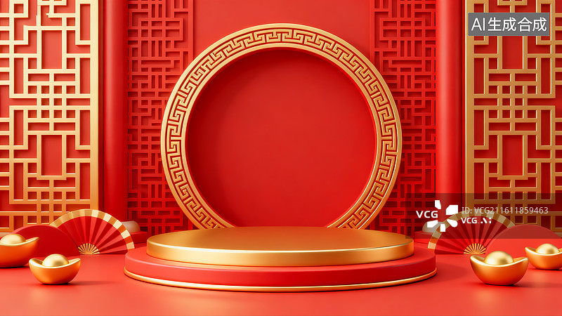 【AI数字艺术】3D红金中式圆窗展示台图片素材