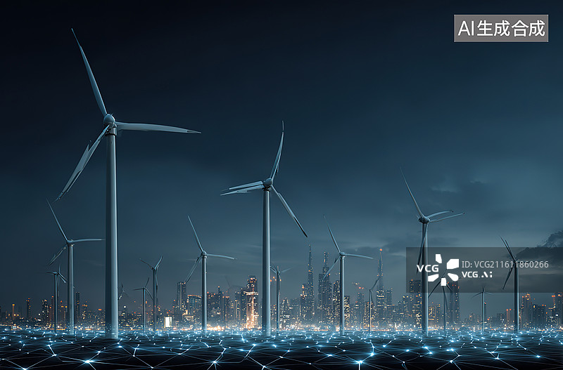 【AI数字艺术】夜幕下的风力发电场图片素材
