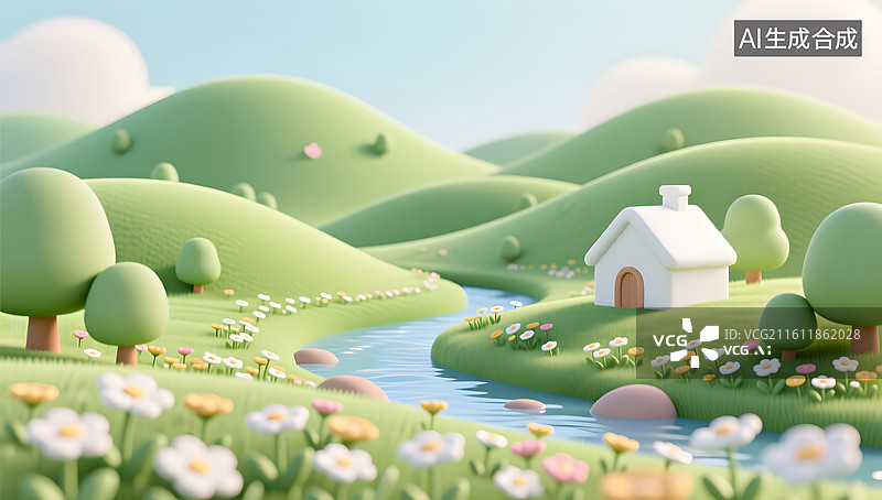 【AI数字艺术】春日山丘小屋野花梦幻景色图片素材