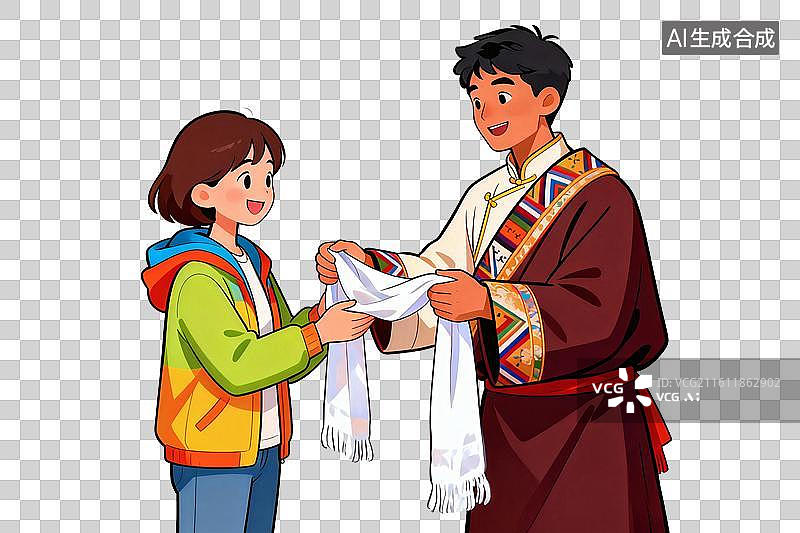 【AI数字艺术】卡通风格，藏族少年给游客献哈达PNG格式的免扣元素图片素材