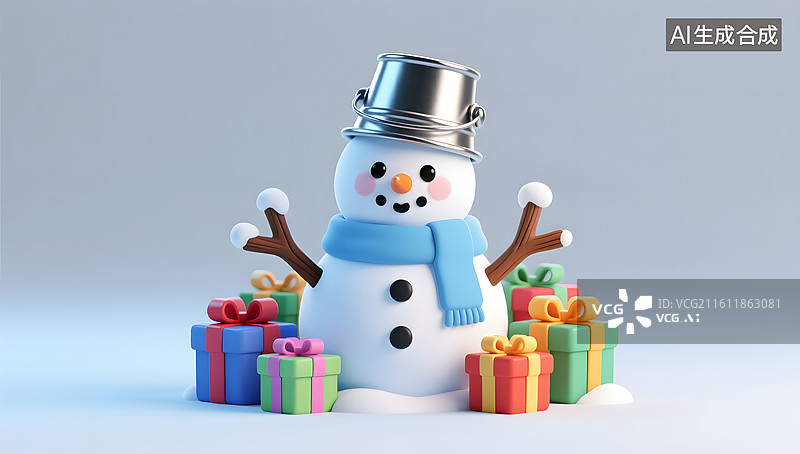 【AI数字艺术】圣诞雪人被礼物环绕的欢乐时刻图片素材