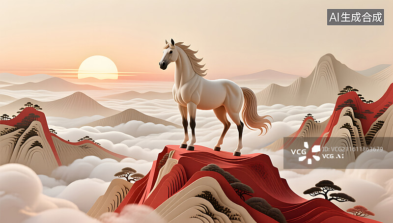 【AI数字艺术】骏马屹立山巅迎接东方日出图片素材