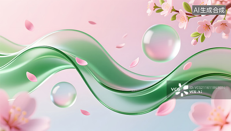 【AI数字艺术】春天波浪花瓣球体梦幻抽象画图片素材