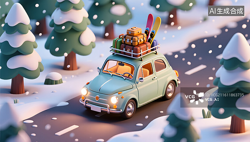 【AI数字艺术】假日自驾穿行雪林的复古汽车图片素材