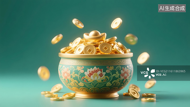 【AI数字艺术】国潮聚宝盆金币溢出的节日场景图片素材
