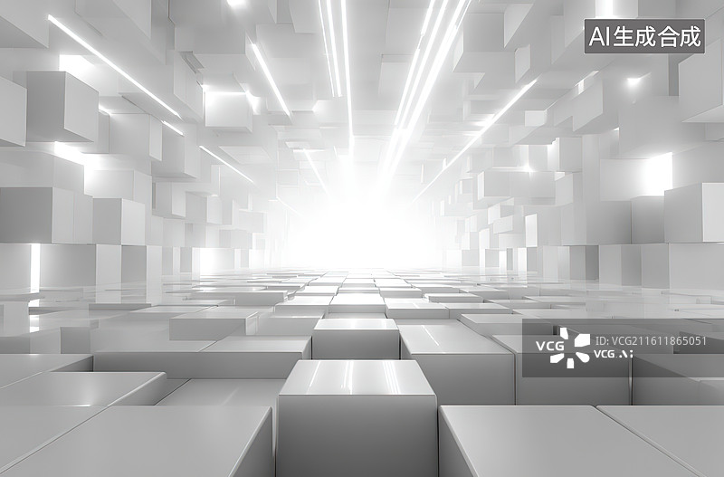 【AI数字艺术】白色立方体构成的未来空间图片素材