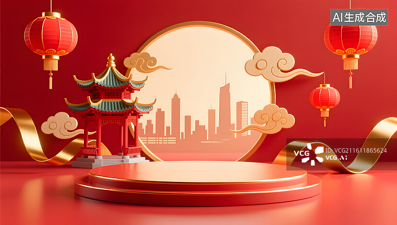 【AI数字艺术】国庆主题国潮建筑展台场景图片素材