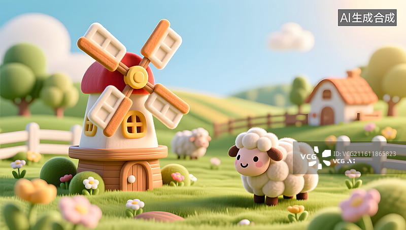 【AI数字艺术】春日农场风车绵羊儿童趣味画图片素材