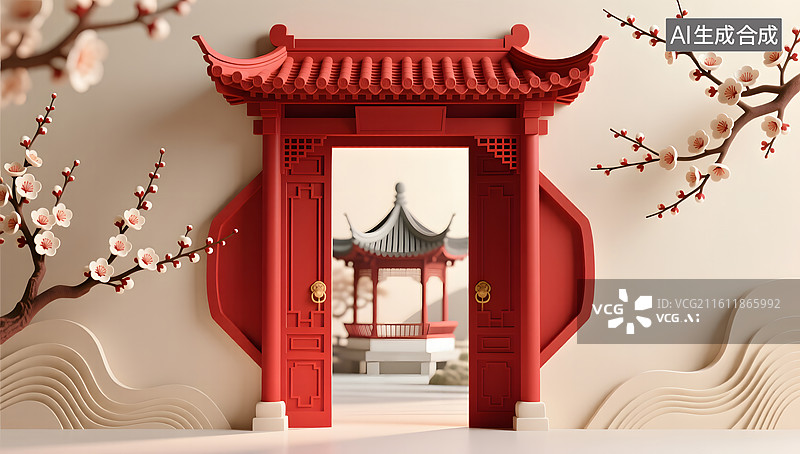 【AI数字艺术】浮雕中式门楼梅花装饰新美学图片素材