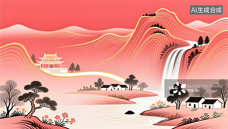 【AI数字艺术】淡朱砂渐变山水室内装饰画典雅柔和图片素材
