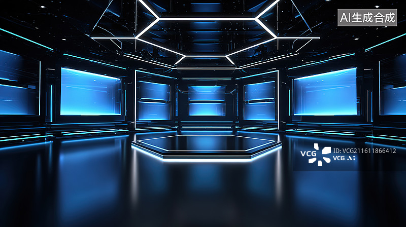 【AI数字艺术】未来科技感室内空间图片素材