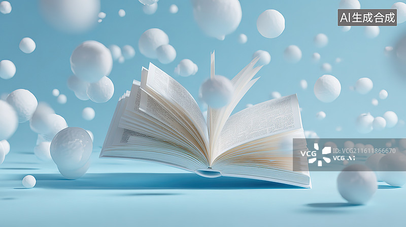【AI数字艺术】漂浮书本与白色球体图片素材