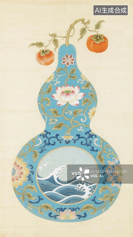 【AI数字艺术】国风青花葫芦插画，国风葫芦图案祝福贺卡 马年大吉贺岁 葫芦里的荷花和海浪插画  白色背景图片素材