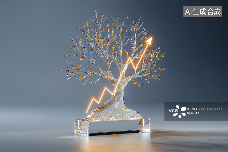 【AI数字艺术】水晶发财树搭配金色上升箭头装饰摆件图片素材