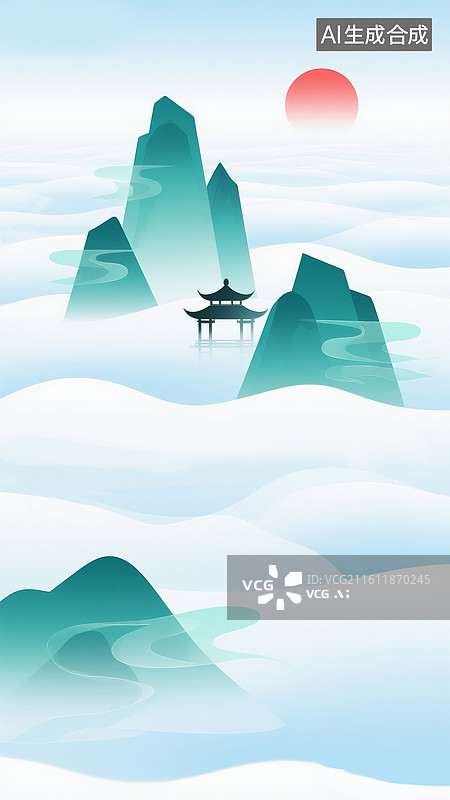 【AI数字艺术】新中式扁平渐变山水 古风山水画 水墨浅黄色风景画 中国风山水和山脉里的高塔， 手机壁纸插画 竖版图片素材