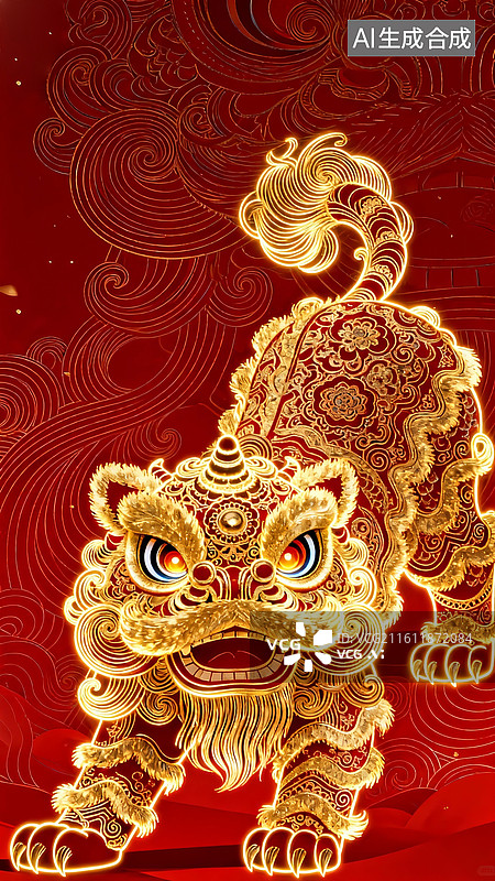 【AI数字艺术】新春插画壁纸喜庆中国风舞狮图片素材