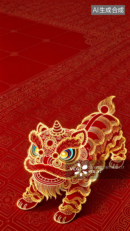 【AI数字艺术】新春插画壁纸喜庆中国风舞狮图片素材