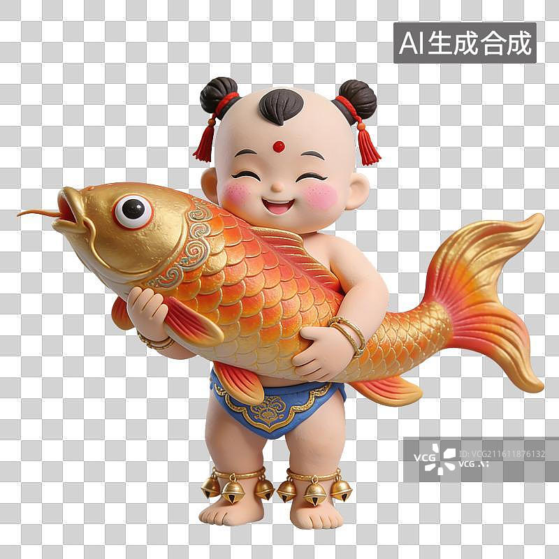 【AI数字艺术】3D立体中国风招财童子年画娃娃抱着一个金橘色的锦鲤元素图片素材