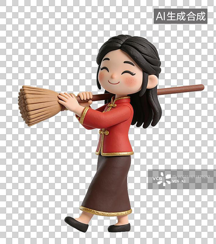【AI数字艺术】3D立体春节除夕穿着中式服装的女子拿着扫把打扫房间元素图片素材