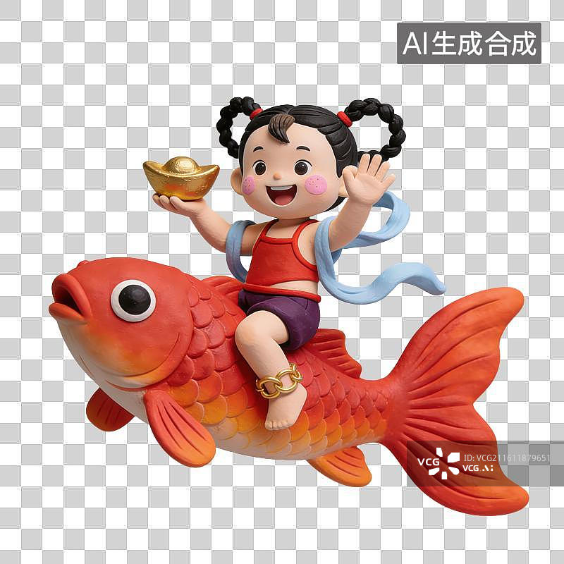 【AI数字艺术】3D立体中国风招财童子年画娃娃骑在红色的锦鲤上元素图片素材