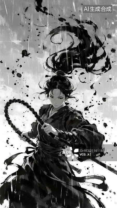 【AI数字艺术】手拿鞭子的女侠古风武侠水墨壁纸图片素材