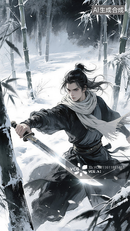 【AI数字艺术】竹林中的剑客古风武侠水墨壁纸图片素材