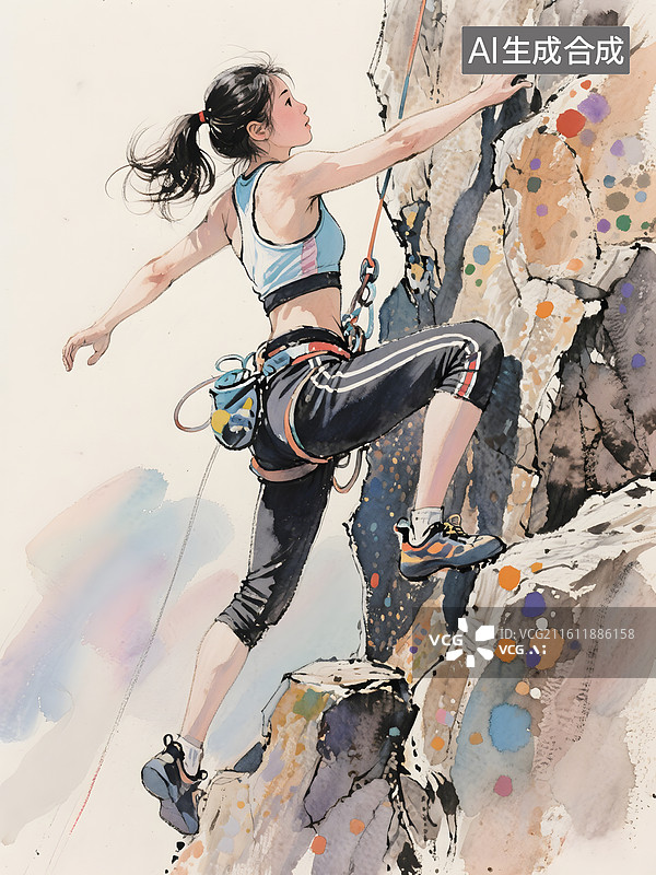 【AI数字艺术】彩绘绘本攀岩的女孩，极限运动冒险图片素材