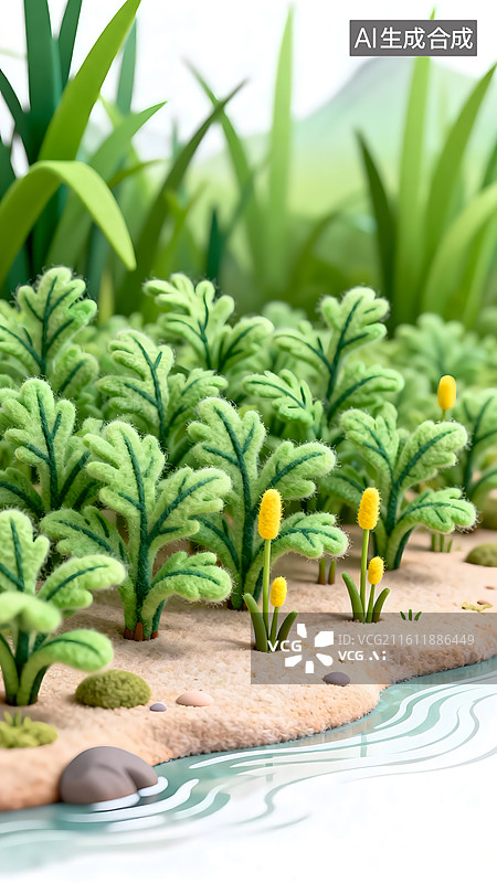 【AI数字艺术】AIGC：河边生长的蒿草，春天自然风光，河流小溪植物，毛毡风格图片素材
