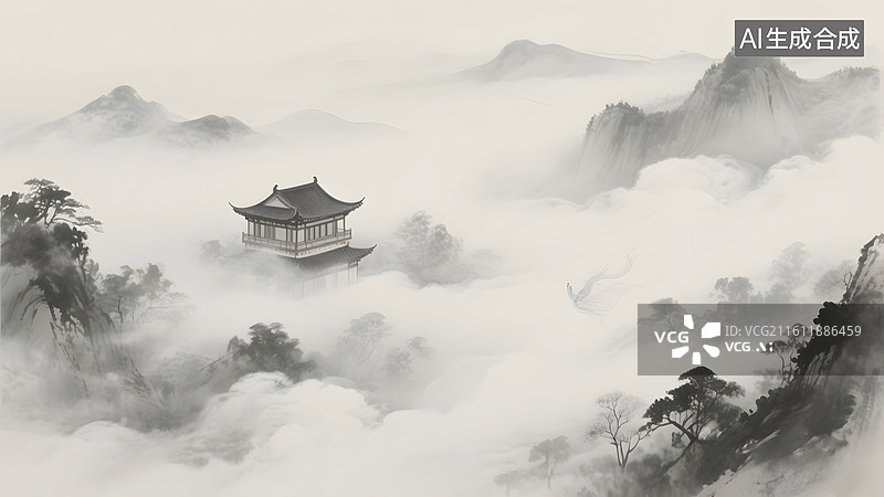 【AI数字艺术】中国风极简深林清晨云雾朦胧画图片素材