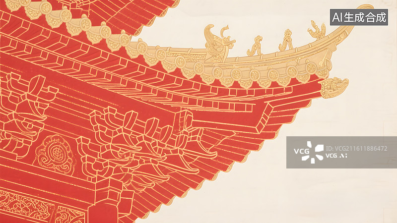 【AI数字艺术】工笔线描红金国画，中国传统建筑斗拱结构图片素材