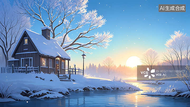 【AI数字艺术】雪景木屋山水风光,河流,雪景图片素材