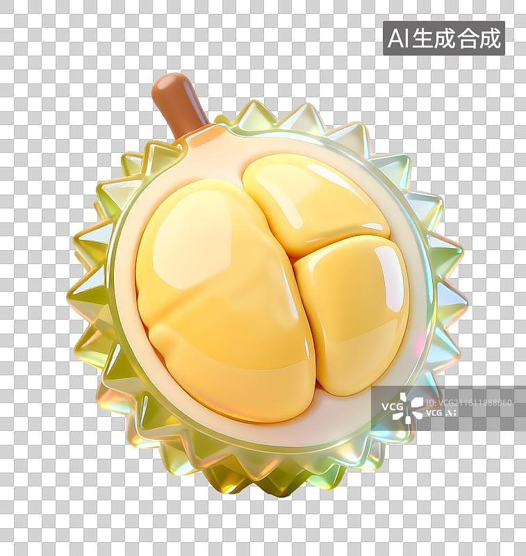 【AI数字艺术】AIGC:3D玻璃材质 果冻风格 热带水果 榴莲，夏天元素，免抠图图片素材