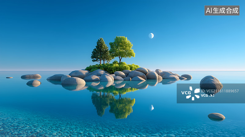 【AI数字艺术】月光下的岛屿与亭台图片素材