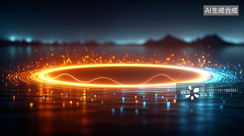 【AI数字艺术】发光环形光圈水面倒影图片素材